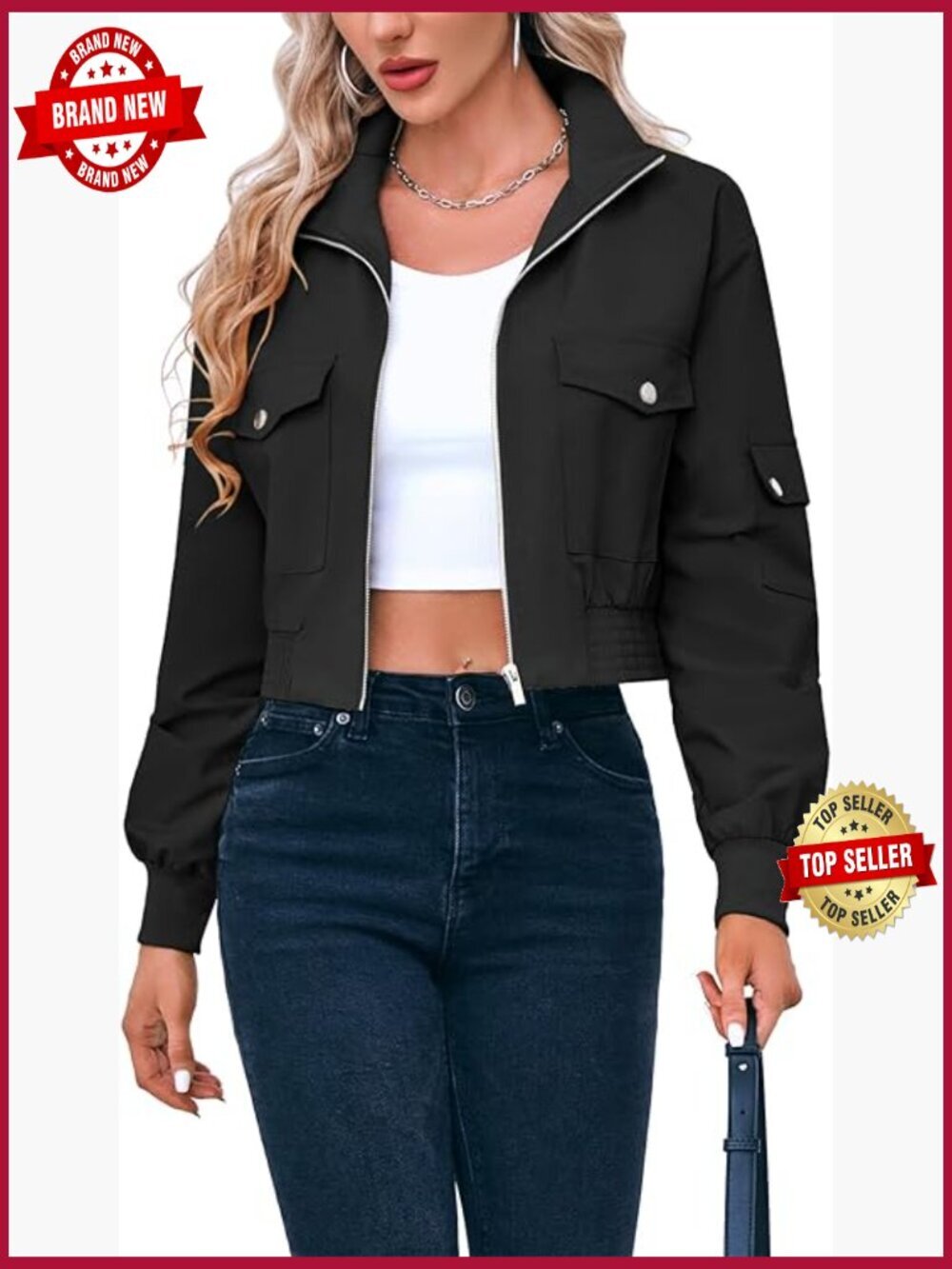 Cropped Bomber Jacket Lightweight Zip Up Stand Collar Long Sleeve Short Coat
